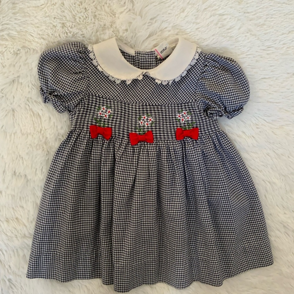 Adorable Navy Checkered Kids Dress with Red Bows